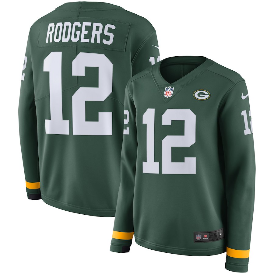 Women Green Bay Packers #12 Rodgers green Limited NFL Nike Therma Long Sleeve Jersey->women nfl jersey->Women Jersey